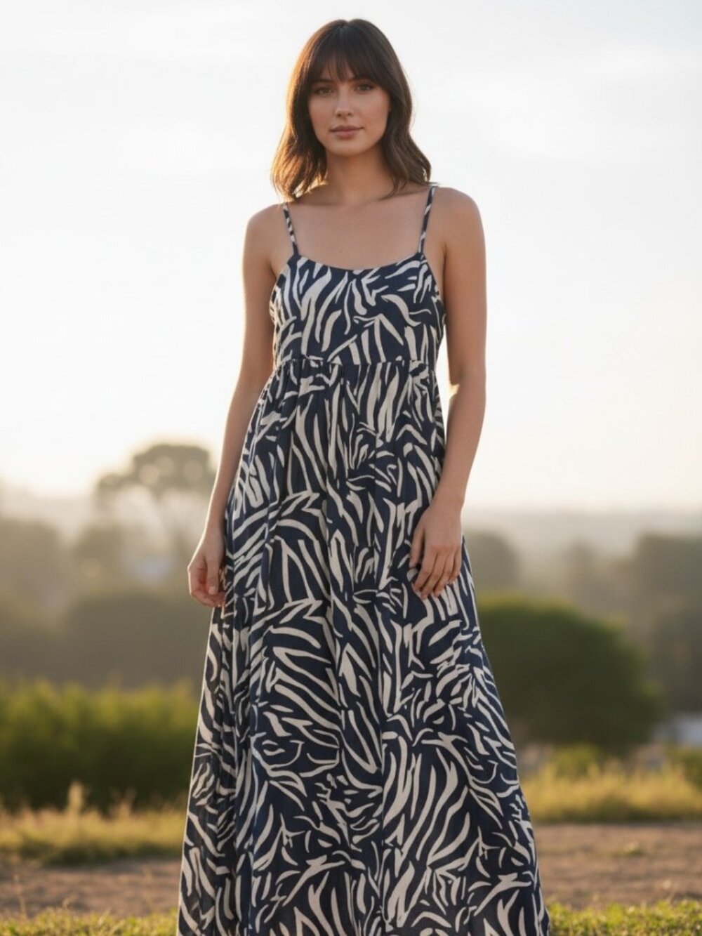 Goa Beachwear by Japna XL Blue White Tropical Maxi Dress Smocked Resort Boho